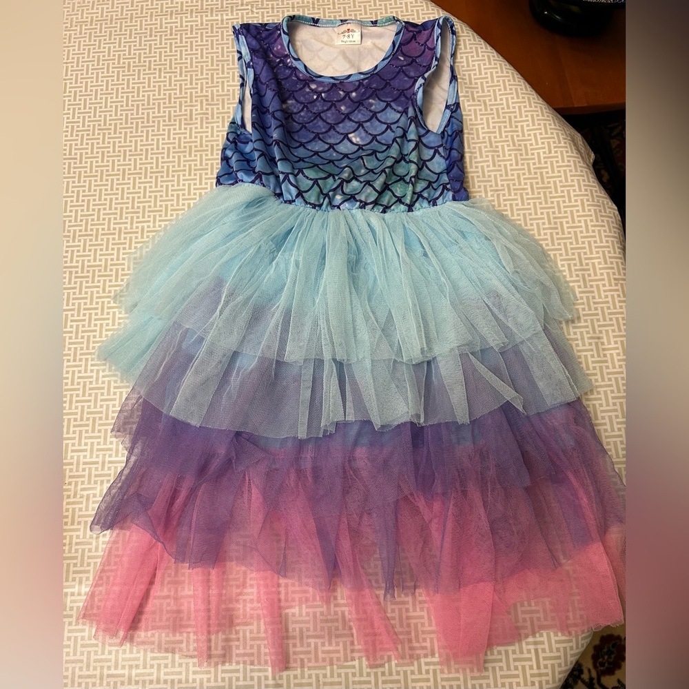 Girl’s Rainbow Blue Purple Pink Mermaid Tutu Tulle Spring Summer Dress Size 7/8